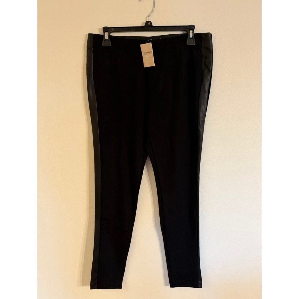 Carmen Marc Valvo Black Ponte Leggings Faux Leather Stripe Women Medium NEW